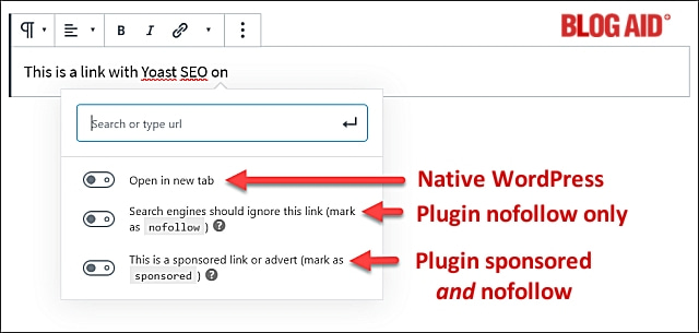 Native WordPress and Yoast SEO or Rankmath link attributes drop down