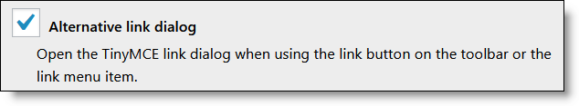 TinyMCE Advanced alternative link dialogue setting.