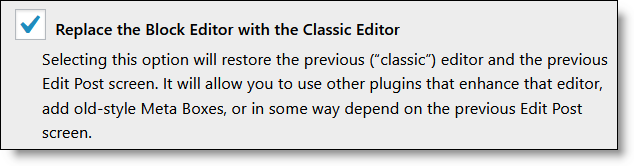 TinyMCE Advance replace block editor with classic editor setting.